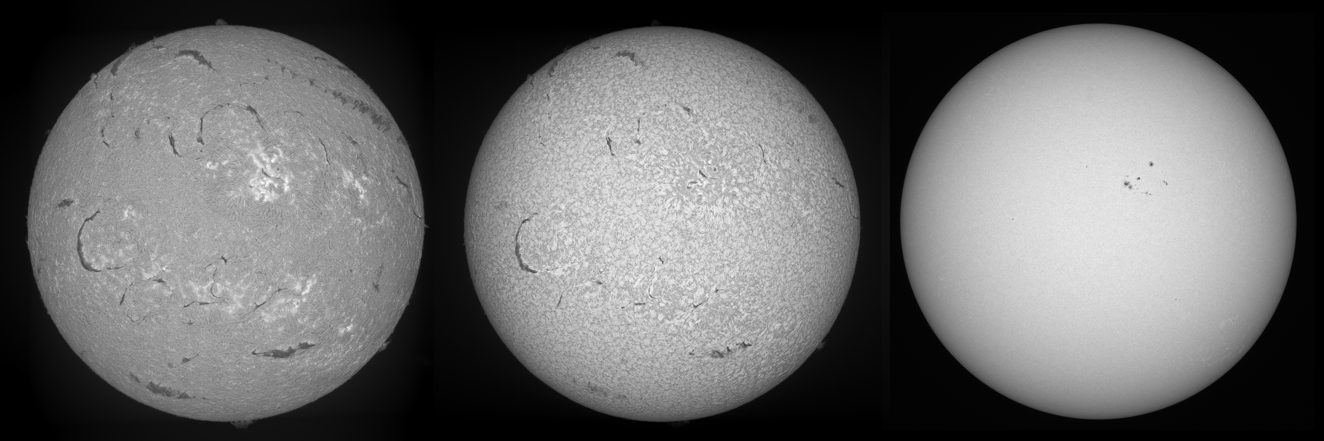 H-alpha SHG (left), H-beta SHG (middle), Continuum non-SHG (right). SHG images taken with 106mm aperture, 720mm focal length APO triplet. Continuum taken with 90mm aperture, 910mm focal length Evostar.