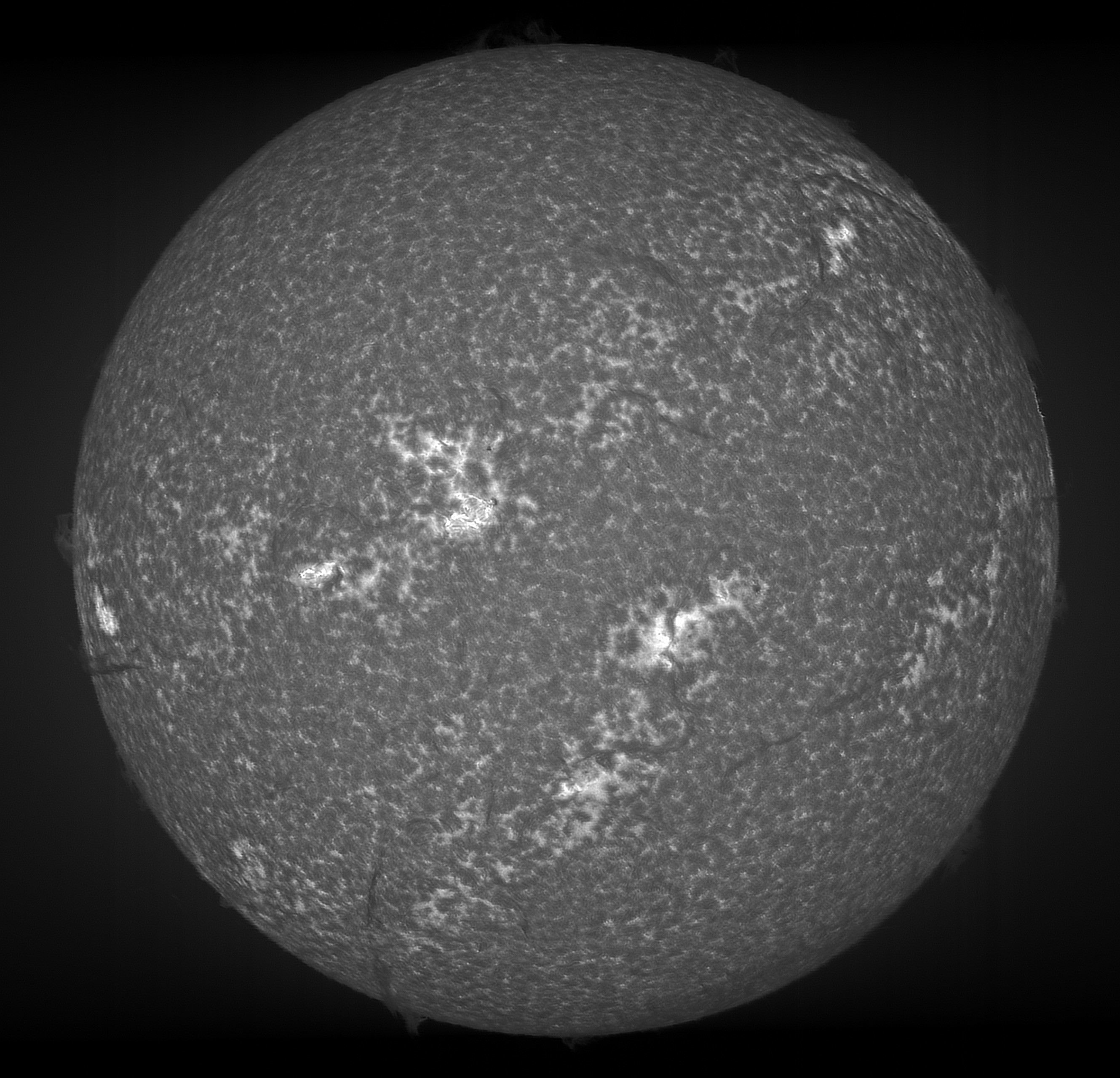 Ca-H 80ED SHG with 60mm aperture mask. GSO IR block filter (KG3) as ERF. Stack of 20 of 27 scans. 4ms exposure, gain 80 (17%). 241 fps, 13x SR scan in DEC. 4 Sept 2023.