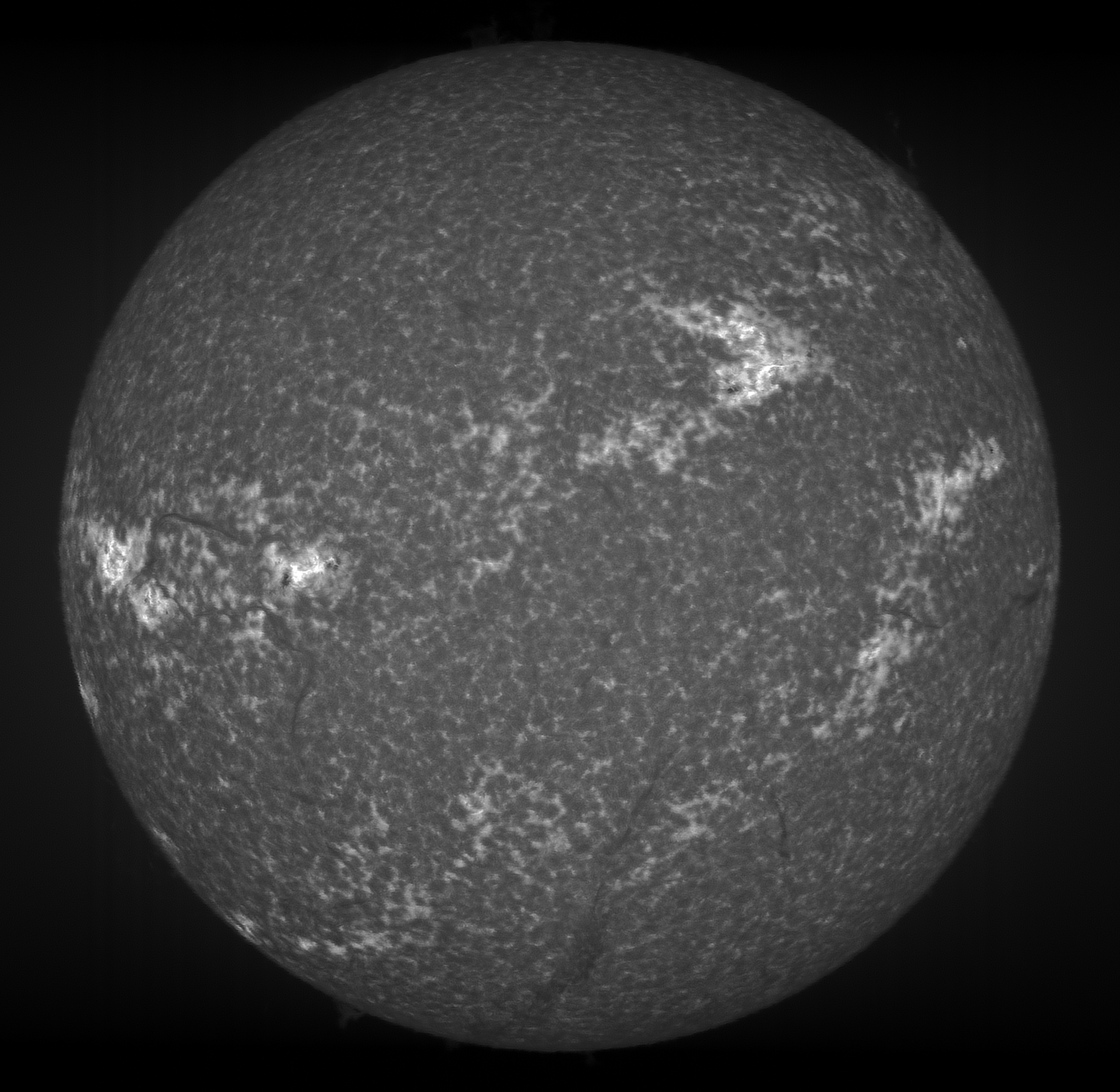 Ca-K SHG. 4ms exposure, gain 80 (17%). 241 fps, 13x SR scan in DEC. Stack of 10 frames. 7 Sept 2023.