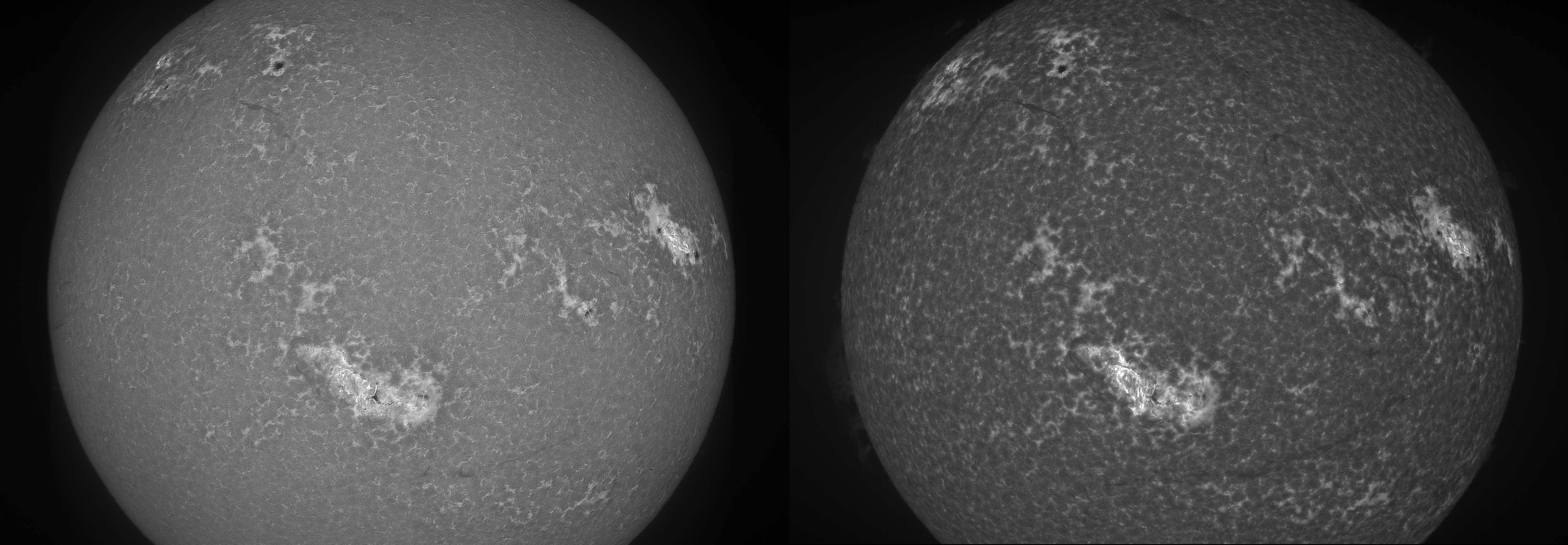 Left: Calcium 854.2 nm with Skywatcher 80ED (80mm aperture, 600mm focal length). Exposure 4.0ms, gain 50 (9%), 241fps. IMX 178 camera. Stack of 23 frames. Right: Calcium 396.8 nm with APO triplet (72mm aperture, 720mm focal length). 3.0ms exposure, gain 50 (11%), 318fps. IMX 183 camera. Stack of 17 frames.